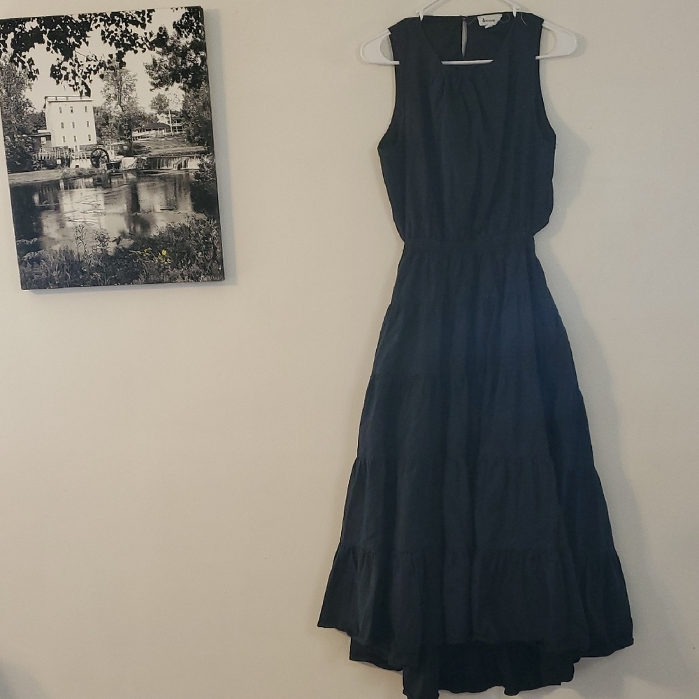 &Merci Black Cotton Midi Dress Size Large Tiered Backless Elastic Waist Lined